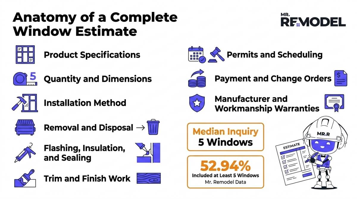 Complete window estimate checklist covering products, installation, removal, sealing, finishes, permits, payment terms, and warranties.